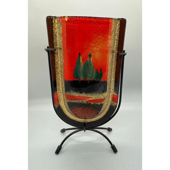 Vintage Jasmine Art Glass Vase in Metal Stand Black Gold Red Green Trees Vibrant - Picture 4 of 13